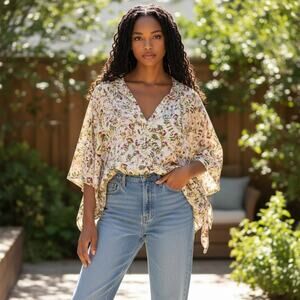 Floral boho coastal festival top Sz 3X Plus White Round Neck